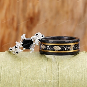 Sterling Silver Matching Couples Promise Ring Nature Couples Meteorite Couples Ring Set His and Hers Black Gem Unique Vintage Promise Ring