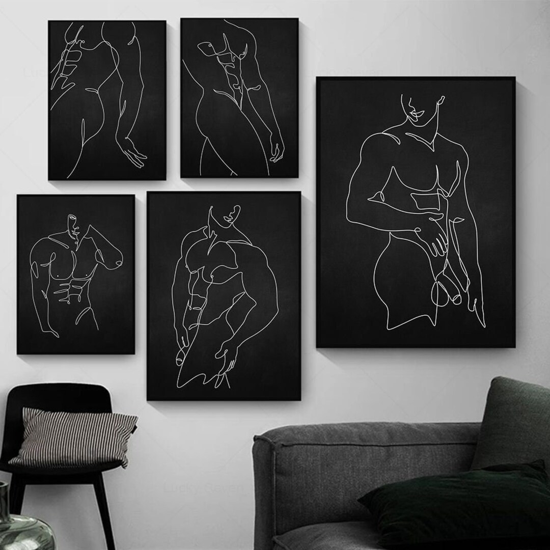 Minimalist Sexy Man Line Draw Wall Art Poster Naked Body Prints Black