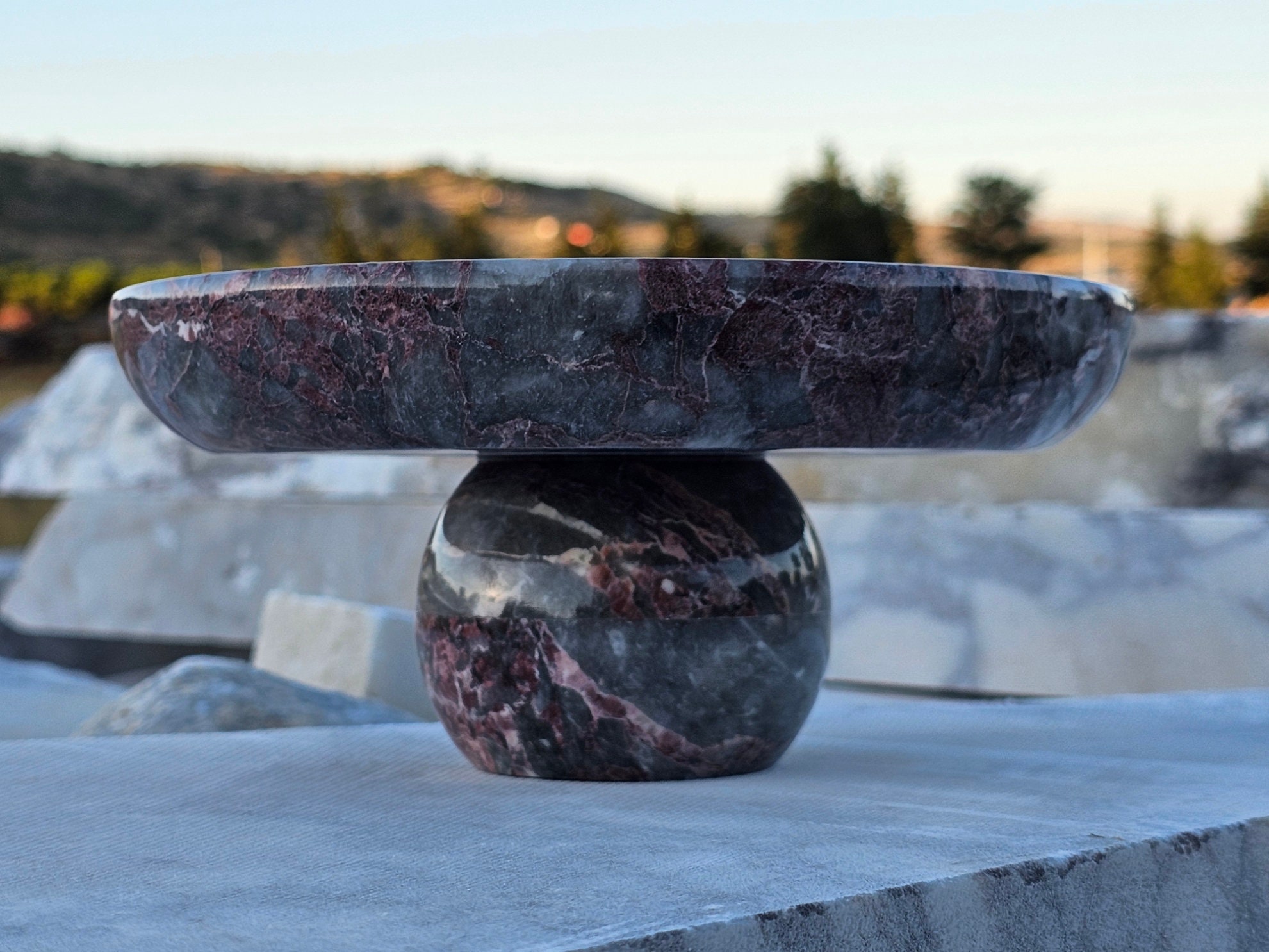 Red Marble Serving Bowl, Natural Calacatta Viola Marble, Pedestal ...