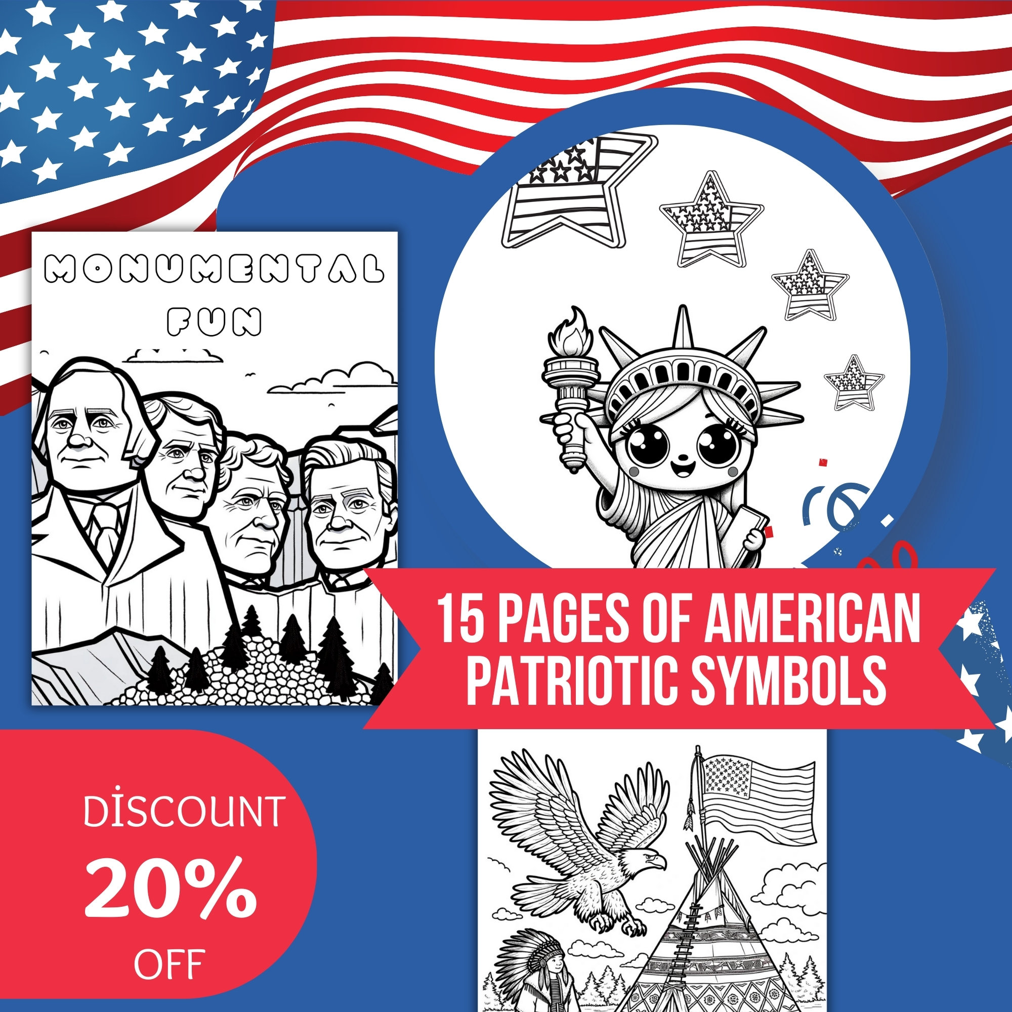 American Patriotic Coloring Book Adventure Featuring 15 Captivating ...