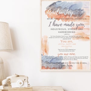 Custom Peach Pink Grey and Beige Name Prayer Custom Poster Wall Art Girl Nursery or Room Baby Shower gift
