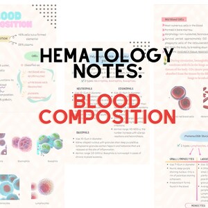 May include: A colorful infographic illustrating the composition of blood, with diagrams of red blood cells, white blood cells, and platelets. The text includes the terms 'Blood Composition', 'Hematology Notes', 'Neutrophils', 'Eosinophils', 'Basophils', 'Small Lymphocytes', 'Large Lymphocytes', and 'Monocytes'.