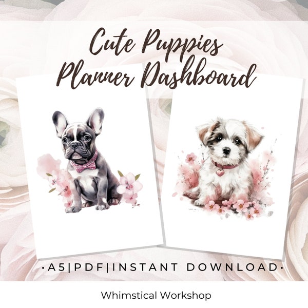 A5 Cute Puppies Planner Dashboard | A5 Printable Planner Cover, French Bulldog Puppy Art
