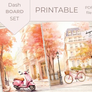 Op de afbeelding: Printbare dashboardset met aquarel illustraties van een roze scooter en fiets op een Parijse straat met herfstbomen. De tekst bevat "Dash Board Set" en "Printable PDF file".
