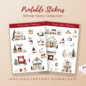 Printable Cozy Winter Village Stickers | Holiday Home & Decor Digital Sticker Set | Christmas Planner Stickers