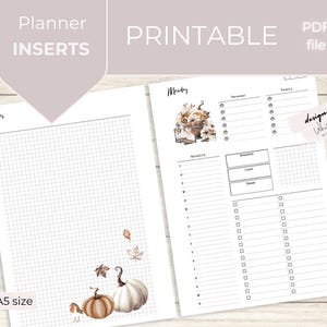 May include: A printable planner insert with a grid-lined notes page and a daily schedule page. The pages feature watercolor illustrations of pumpkins and leaves. Text includes "Planner INSERTS", "PRINTABLE", "PDF file", "A5 size", and "Monday".