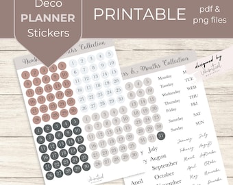 Printable Planner Stickers | Numbers, Months & Days Collection – PDF + PNG – Minimalist Calendar Labels
