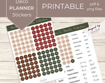Christmas Printable Planner Stickers | Numbers & Months Stickers | Deco Minimalist Calendar Labels | PDF PNG