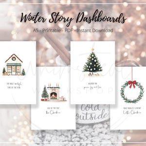 May include: A collection of printable Christmas-themed dashboards. The dashboards feature watercolor illustrations of a Christmas tree, a wreath, a shop, and a fireplace. Text includes "Winter Story Dashboards" and holiday phrases like "The most wonderful time of the year."