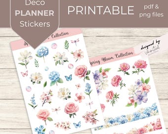 Printable Floral Planner Stickers | Watercolor Flower Deco Stickers | PDF & PNG