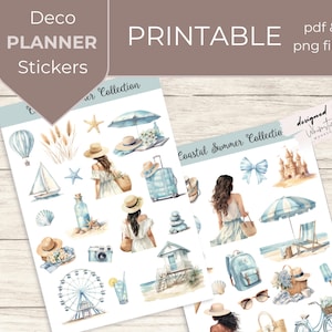 Beach Printable Stickers – Summer Planner Stickers PNG for Journals, Bujo & Scrapbooking | Digital Sticker Set
