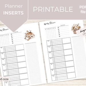 Op de afbeelding: Printbare wekelijkse planner-invoegtoepassingen met een herfstthema. De pagina's hebben een wekelijkse indeling met ruimte voor notities en prioriteiten. Het ontwerp bevat aquarel pompoenen en bloemaccenten. De tekst "Planner INSERTS" en "PRINTABLE" zijn zichtbaar. A5-formaat.