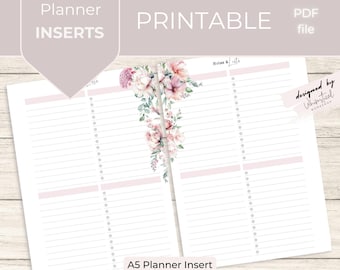 A5 Notes & Lists Planner Printable Insert, Floral Refill Pages PDF