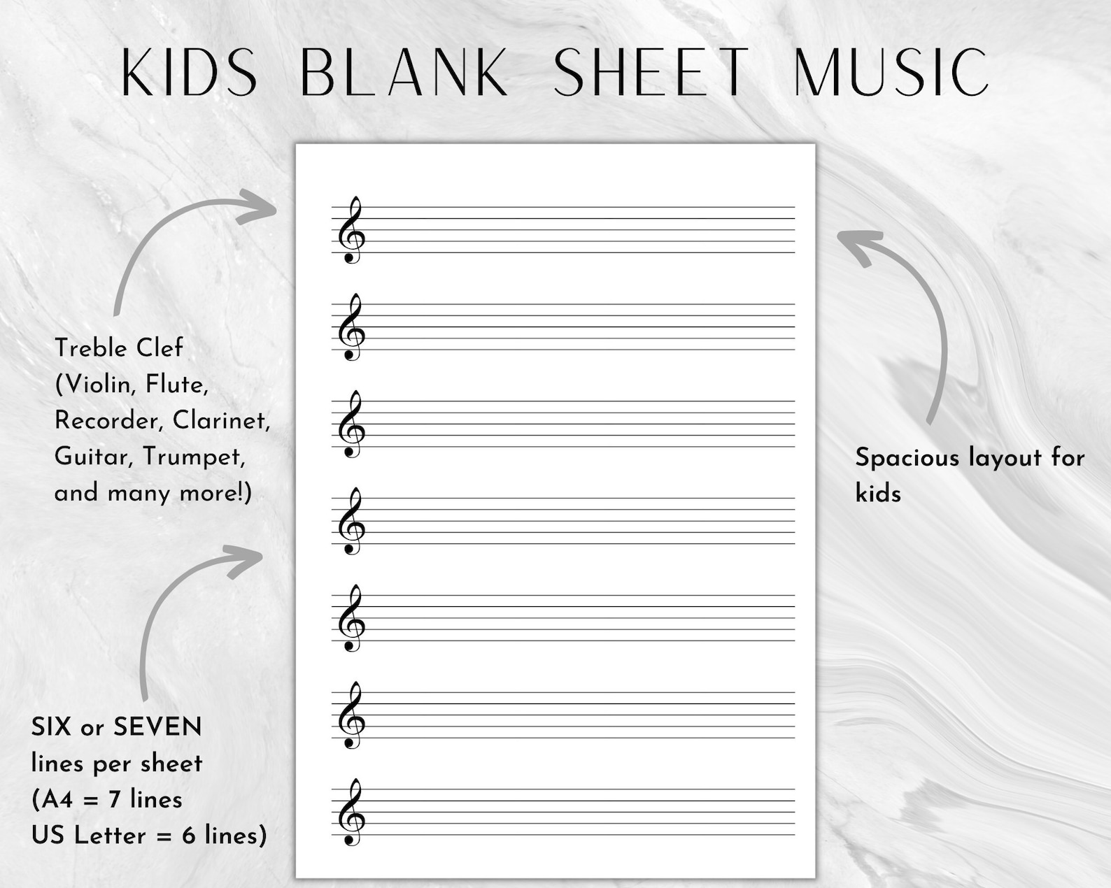 Printable Kids Sheet Music Blank Music Paper Treble Clef Music Sheets for Kids Music Manuscript ...