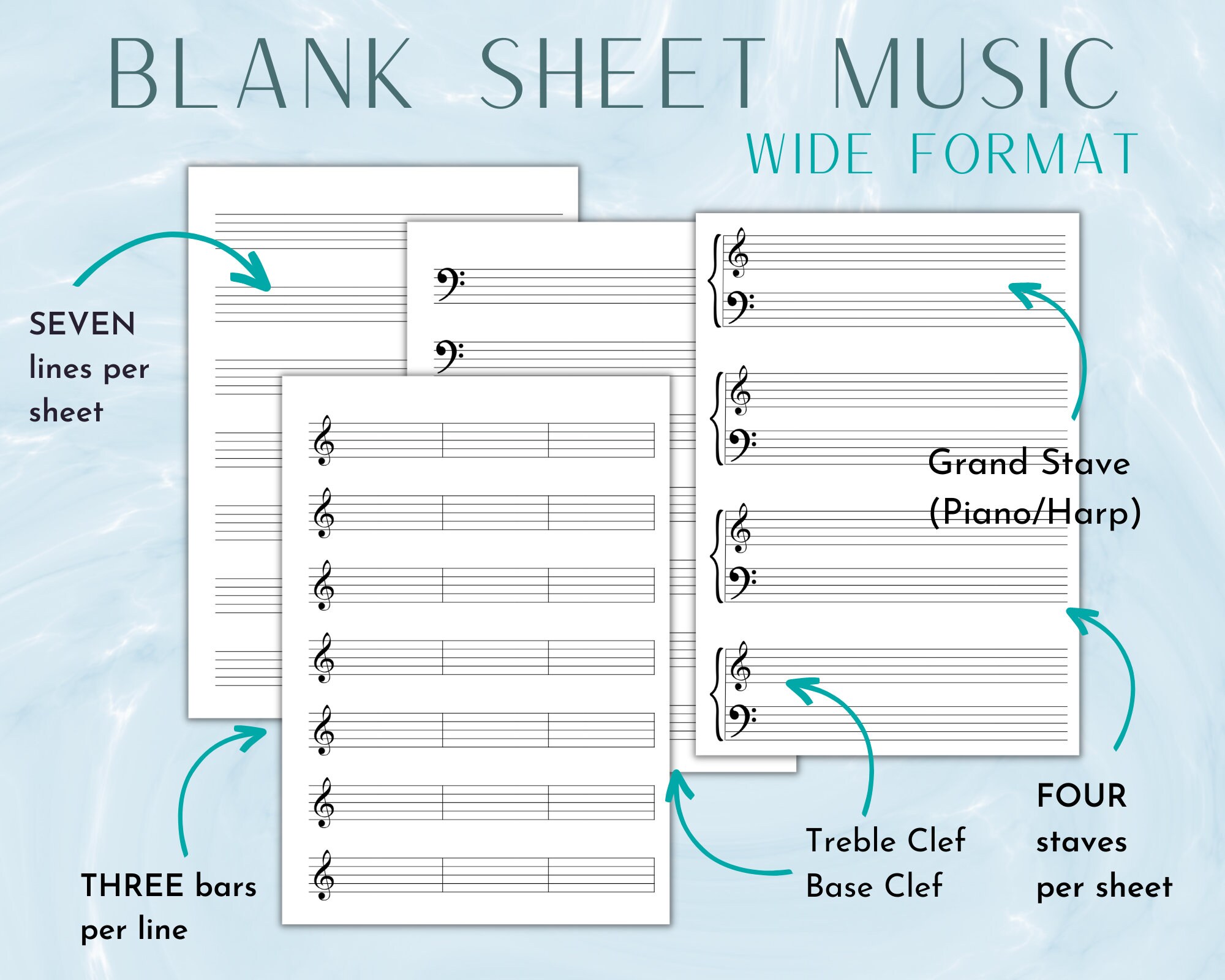 Wide Staff Printable Music Sheets BUNDLE DEAL Blank Staff Paper Kids ...