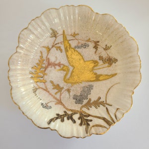 Antique 1882 Royal Worcester Gilded Crane Scalloped Dessert Bowls (5)
