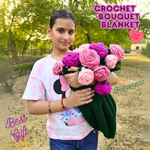 Handmade Crochet Rose Bouquet Blanket, Crochet Flower Bouquet Blanket, Soft Blanket, Mother’s Day Gift, Valentine’s Day Gift, Wedding Gift