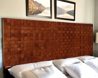 Handmade Woven Leather Headboard for Platform Bed – Wall Mounted Wooden Frame Headboard in King, Queen, Full & Twin – Boho Bedroom Decor