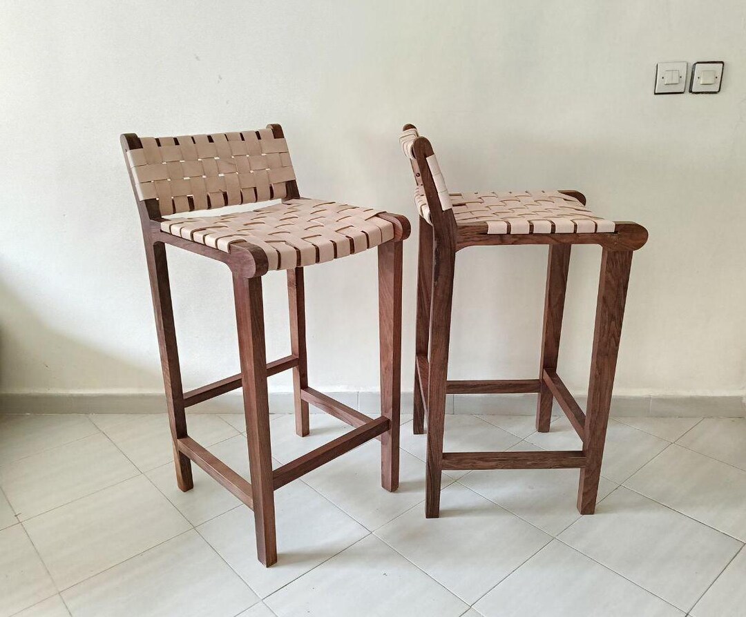 Akaka　本革スツール～Woven leather stool～ Set of 2 Bar Stools Woven Leather, 30” Bar Height Stools