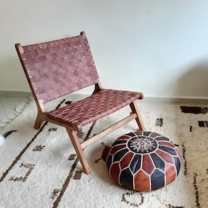 Woven Leather Accent Chair - Mid Century Modern Lounge Chair - Walnut & Genuine Leather Armless Chair - Boho Side Chair for Living Room