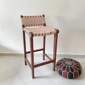 Custom Handmade Woven Leather Barstools, Walnut Wood Counter Stools - Rustic Farmhouse Saddle Seat, High & Low Chairs for Kitchen, or Bar