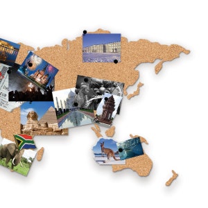 May include: A corkboard world map with various travel photos pinned to it. The photos include landmarks like the Taj Mahal, the Kremlin, and the Eiffel Tower, as well as animals like a kangaroo and an elephant.