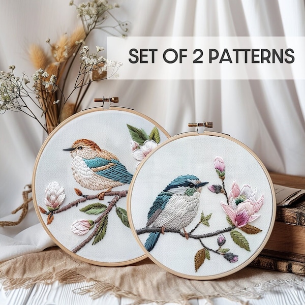 Birds Bundle, Set of 2 Birds embroidery template, Spring birds, spring crafts, Embroidery template, Digital file, Hand Embroidery, hoop art