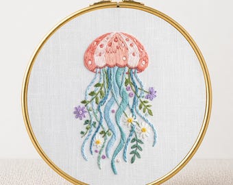 Floral Jellyfish Embroidery Pattern: Ocean Needlepoint Design, printable template (PDF pattern)