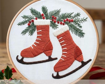 赤いアイススケートの刺繍パターン PDF デジタルダウンロード 冬の