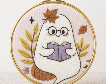 Reading Ghost Embroidery Design, Book Lover Halloween Hoop, Wall decor (PDF Pattern)