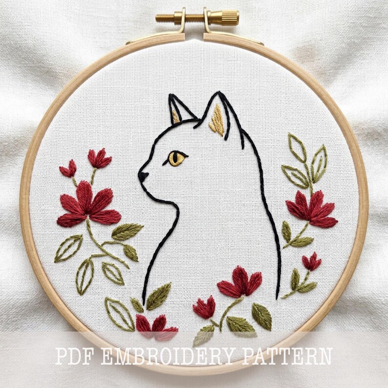 Cat Lover Embroidery PDF Floral Crafter Project Beginner Needlework Starter White Cat Portrait Stitch Cat Mom Gift Easy Craft Download Modern Embroidery Fan DIY Pet Floral Project Botanical Art Lover Fiber Art Minimalist Crafter Beginner Friendly Cat Outline Design Handmade Pet Keepsake Elegant Cat Enthusiast Stitch Project Red Flower Crafter Gift Nature Lover Hobby Download Cat Lover DIY Hoop Modern Line Art