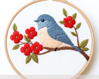 Bluebird Embroidery Pattern PDF Hand Embroidery Hoop Art Cherry Blossom Bird Digital Download Spring Garden Nature Lover Gift
