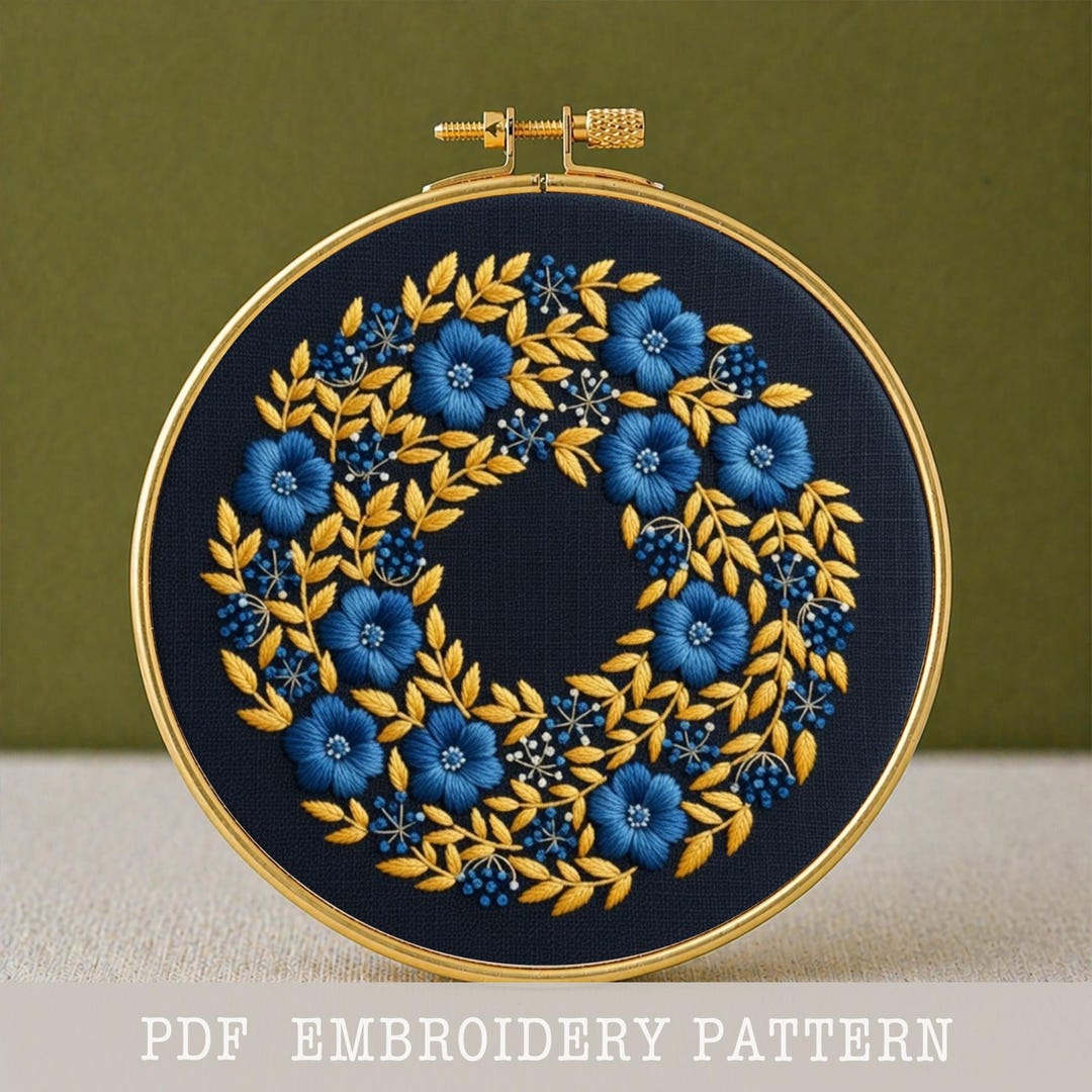 Vintage Floral Wreath Embroidery Pattern PDF Navy Blue Background ...