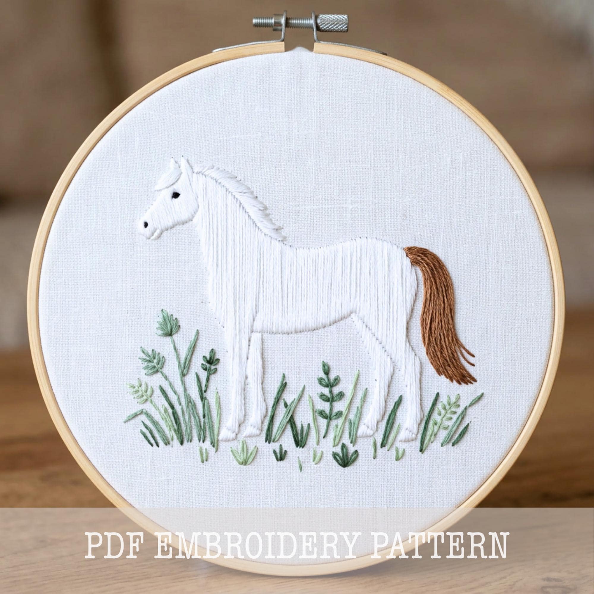 馬の手刺繍パターン：花柄動物デザイン、PDFパターン（即時