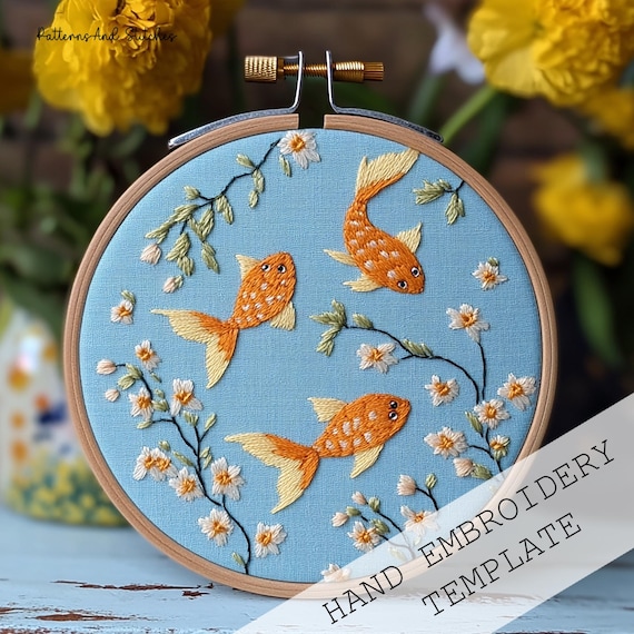 金魚の池の手刺繍パターン：夏のDIYフープアート（PDF） - Etsy 日本