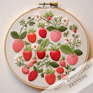 Borduurpatroon aardbeien, pdf-download, schattig aardbeidecor, keukenborduurontwerp, aardbeiborduurwerk, DIY keukendecor