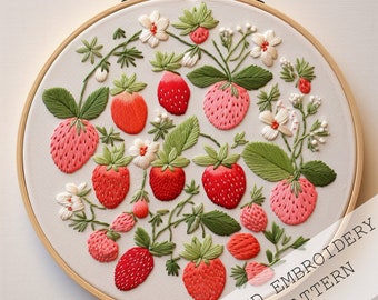 Strawberries Embroidery Pattern, PDF Download, Cute Strawberry Decor, Kitchen Embroidery Design, Strawberry Embroidery, DIY Kitchen Decor