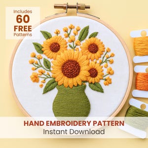 Vase of Sunflowers Hand Embroidery Pattern, Sunflowers Pattern, Summer Flowers Design, Hand Embroidery Pattern, Modern DIY Stitch Design