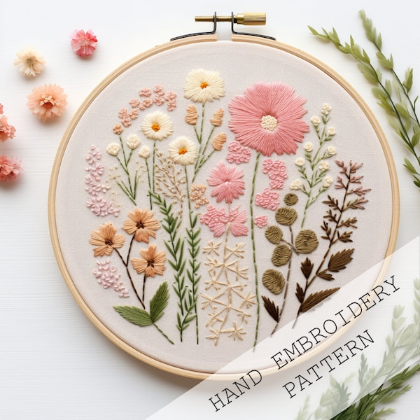 Flax Meadow embroidery pattern, floral pattern, botanical embroidery design, digital download, Mother's Day, herbs embroidery, wildflowers