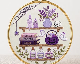 Witch Shelf Embroidery PDF Instant Download Halloween Hoop Art Ghost Pumpkin Skull Potion Cottagecore Needlework Printable Spooky Wall Decor