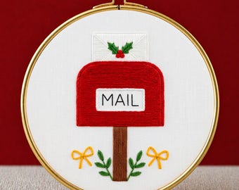 Santa Mail Embroidery Pattern PDF, Christmas Mailbox Hoop Art, Red Mailbox Holly Berry Stitch Design, Beginner Needlework Instant Download
