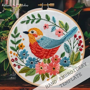 Cute bird Embroidery Pattern, Modern Embroidery, Botanical Embroidery, Home decor Embroidery, PDF Instant Download, DIY Embroidery Design