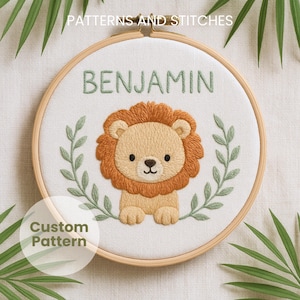 Custom Embroidery Hoop Art, Personalized Wall Decor, Hand Embroidery Lion Wreath, Safari Embroidery, Custom Name Embroidery, Nursery decor