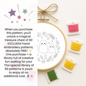 May include: A wooden embroidery hoop containing a white fabric panel with a black line art design of two ghosts surrounded by leaves and stars. Four plastic bobbins with pink, yellow, and green embroidery thread are positioned to the right.