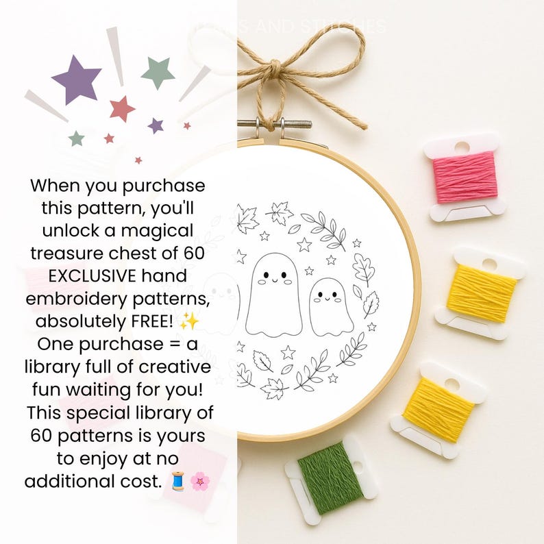 May include: A wooden embroidery hoop containing a white fabric panel with a black line art design of two ghosts surrounded by leaves and stars. Four plastic bobbins with pink, yellow, and green embroidery thread are positioned to the right.