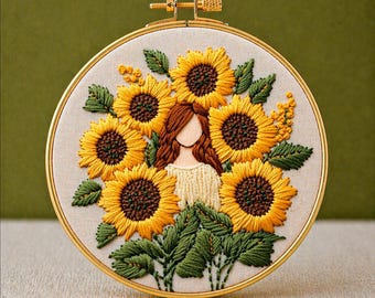 Patrón de bordado "Sunflower Girl" en PDF, descarga instantánea, apto para principiantes, diseño botánico para bordado en aro, imprimible, decoración de verano.