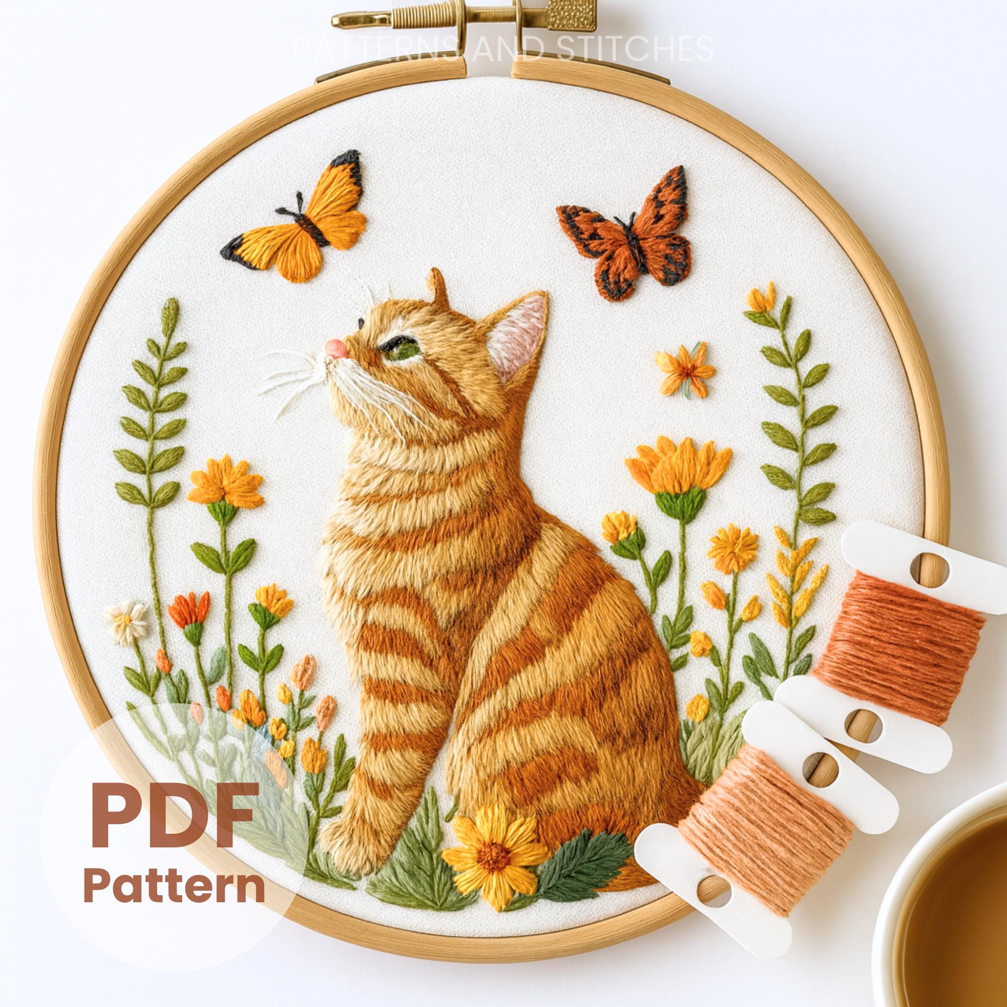 猫と蝶の刺繍パターン：春の庭のDIY、6サイズ、猫好きへのギフト