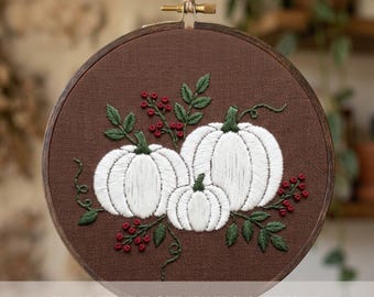 White Pumpkin Embroidery Pattern: Fall Berry Design PDF Pattern, Hand Embroidery Hoop Art, Thanksgiving Printable Template, Instant Download