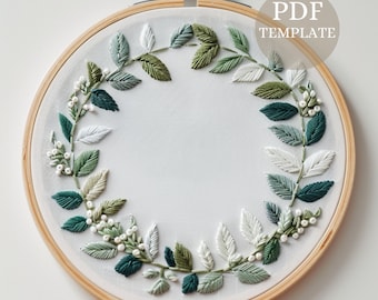 PDF Digital Embroidery template, Leaf Sprig Wreath, Beginner Hand Embroidery, Needlepoint, Botanical embroidery, Printable file, DIY Pattern