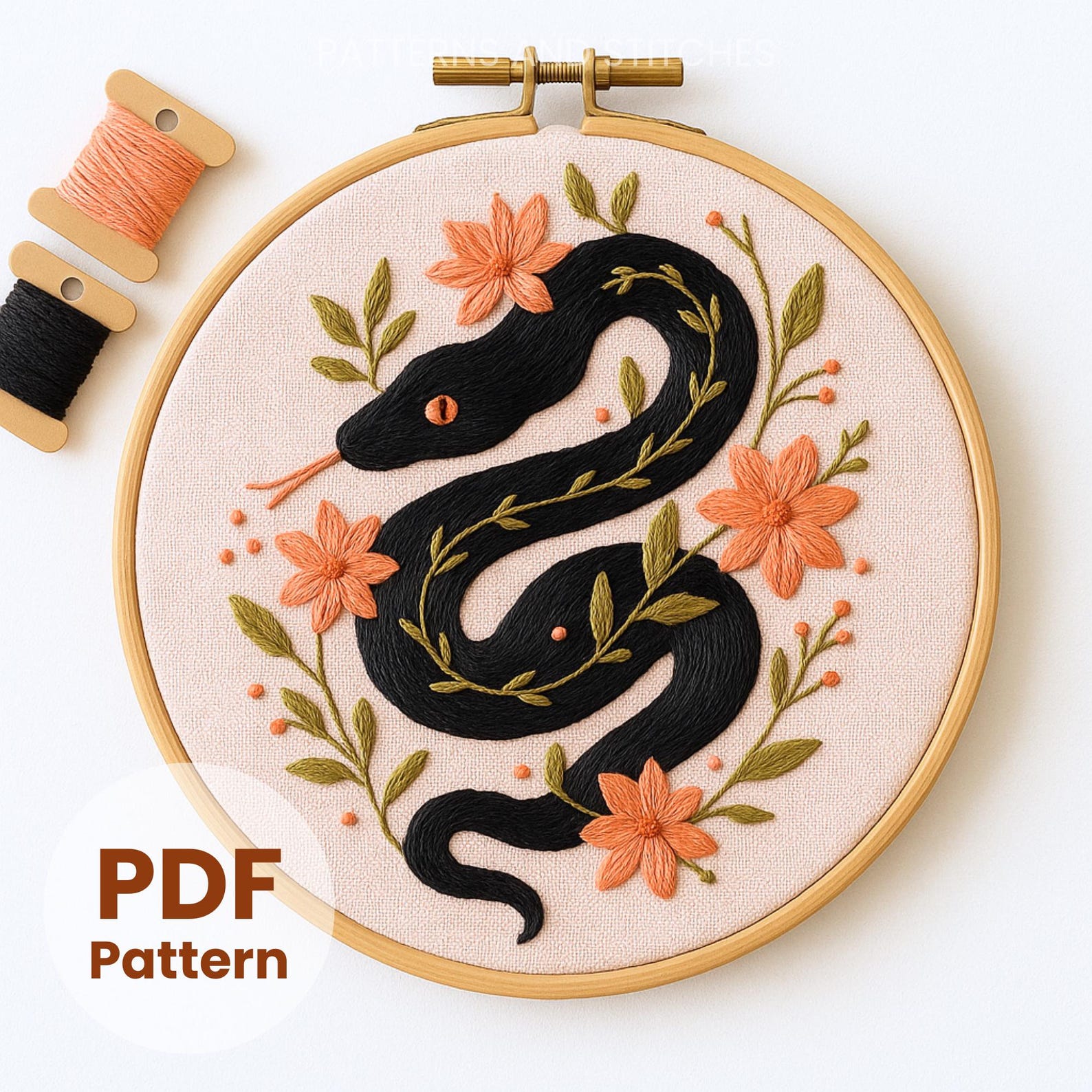 Emroidy Snake Floral Snake Embroidery Pattern: Serpent Design (PDF Download) - Etsy